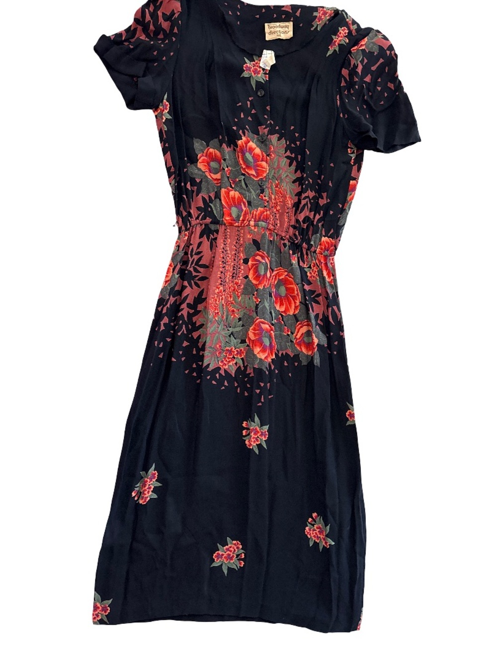 Vintage Black Maxi Dress with Red Floral Print